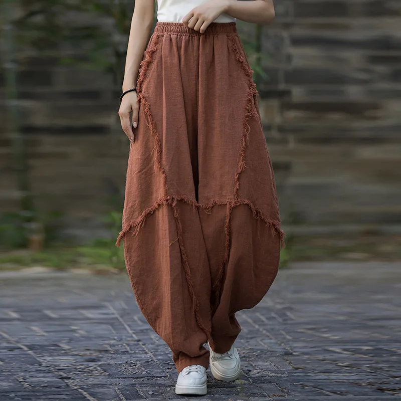 

Autumn Brushed Ramie Pants: Distressed Wide-Leg Cotton Trousers