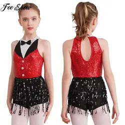 Child Girls Sleeveless Shiny Sequin Tassel Boyshorts Dress Latin Jazz Dance Cha-cha Samba Stage Performance Costume Dancewear