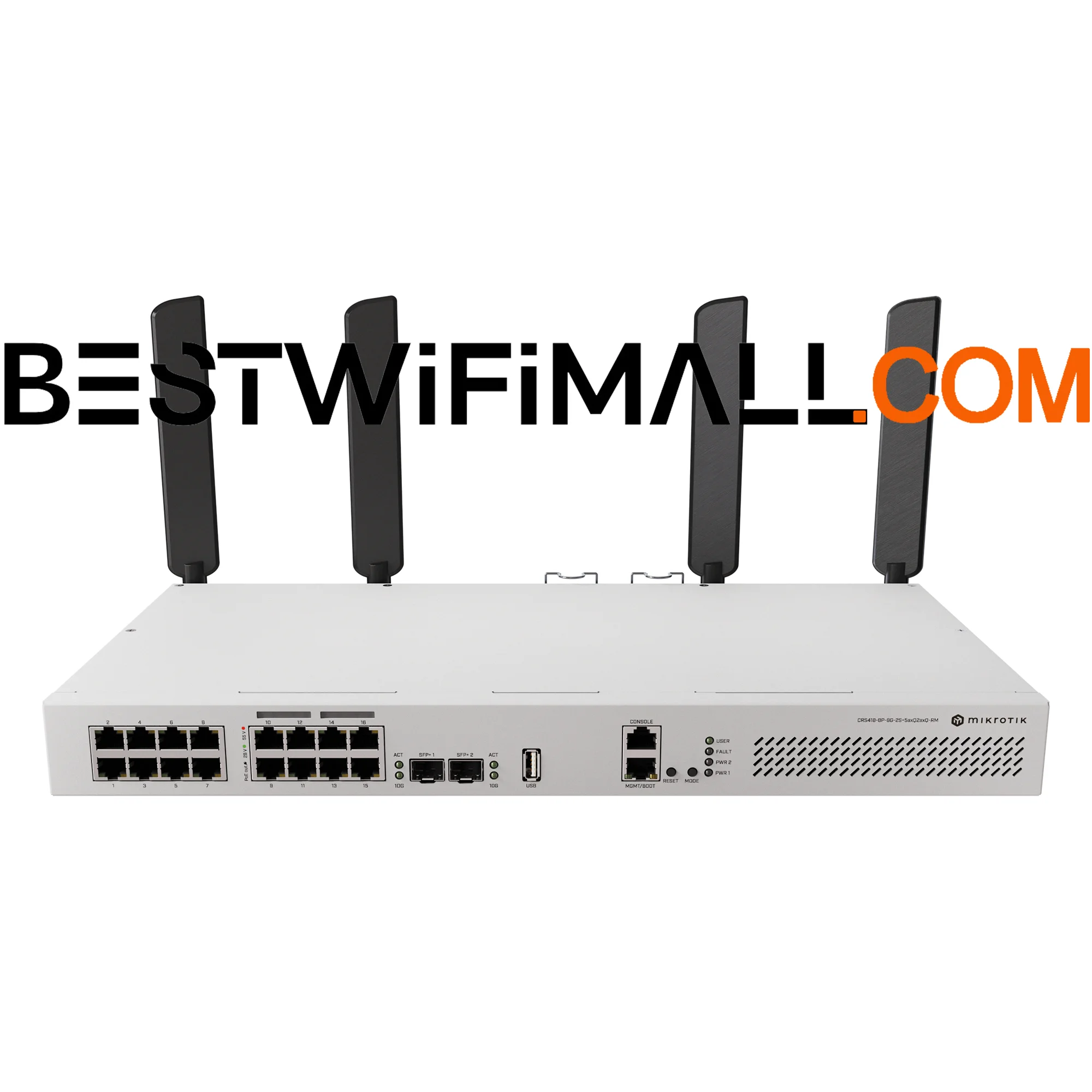 MikroTik CRS418-8P-8G-2S+5axQ2axQ-RM Wi-Fi Router 4x4 MIMO Wi-Fi 6, L3 HW Offloading, Quad-core 2.2 GHz ARM CPU, 16x Gigabit