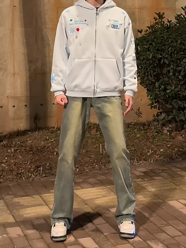 

Retro American High Street Blue Jeans Men's Spring Autumn mid Waist Straight Leg Narrow Version Enhanced Length Micro Flared ...