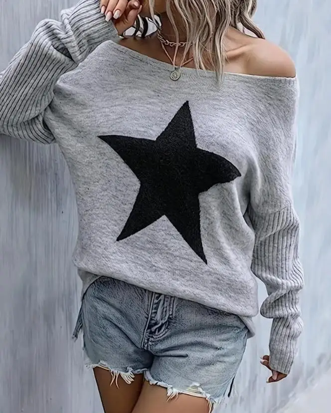 

Star Pattern Round Neck Casual Sweater New Fashion 2023 Hot Selling Women's Long Sleeve Loose Pullover