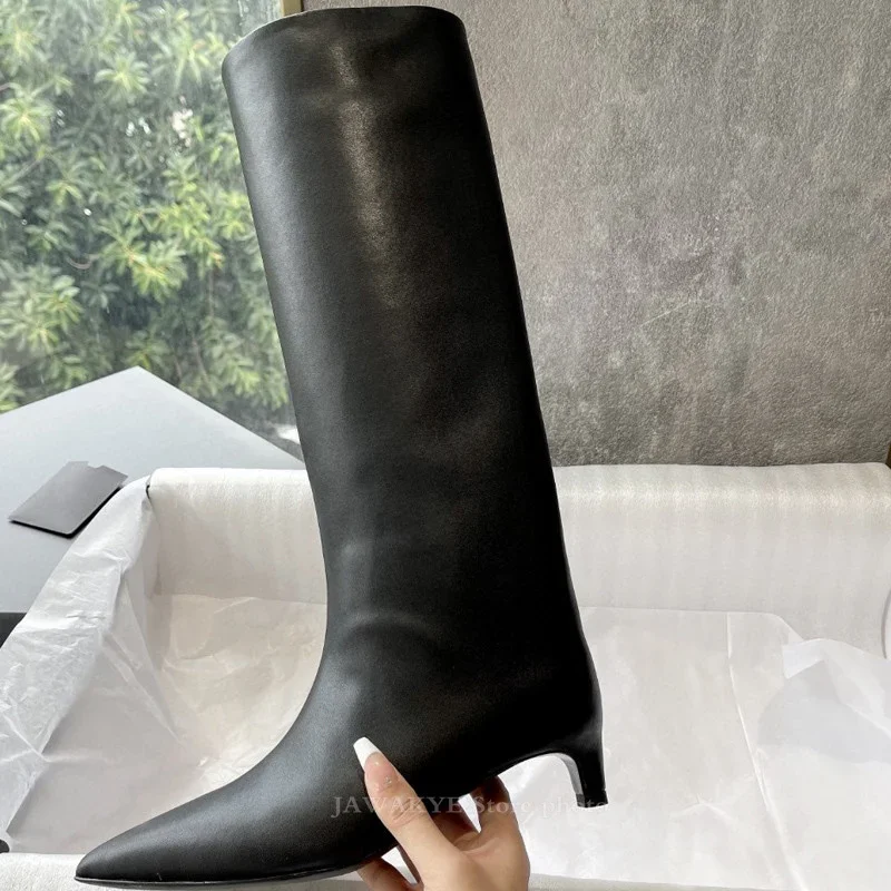 New Real Leather Kitten Heel Knee High Boots Women Pointed toe Punk Long Boots Woman 2022 Winter Sexy Fashion Runway Boots Mujer