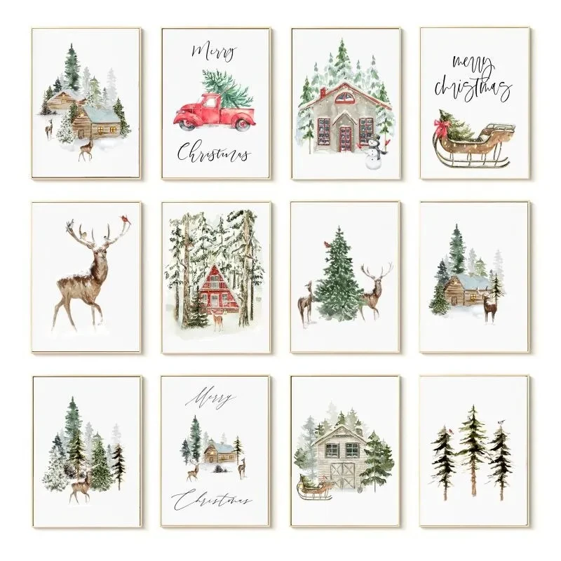 Christmas Forest Deer Woodland House Snow Truck Posters and Prints Canvas Painting Wall Art Pictures for Living Room Home Decor