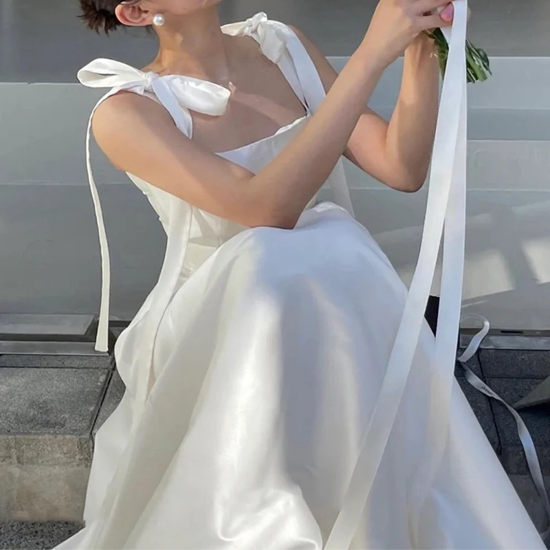 Vestido De Novia con tirantes finos, traje De satén con cuello cuadrado, longitud hasta el suelo, Estilo Vintage, Simple y dulce