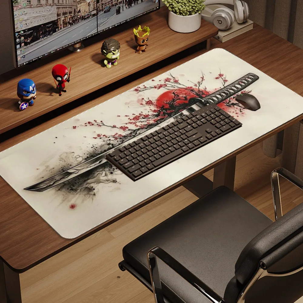 Black/Red/Maroon Samurai Sword with Cherry Blossom Design Extended Keyboard Pad Suitable for Office and Home Gaming Environments
