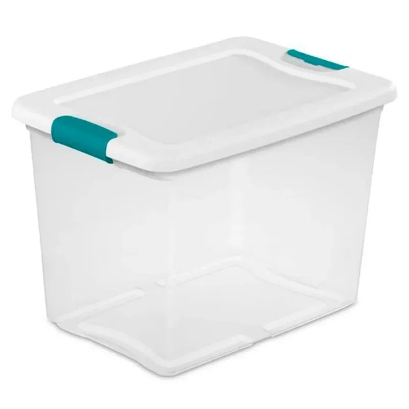 25 Qt Latching Storage Box Stackable Bin with Latch Lid, Plastic Container to Organize Closet Shelf Clear with White Lid, 6-Pack