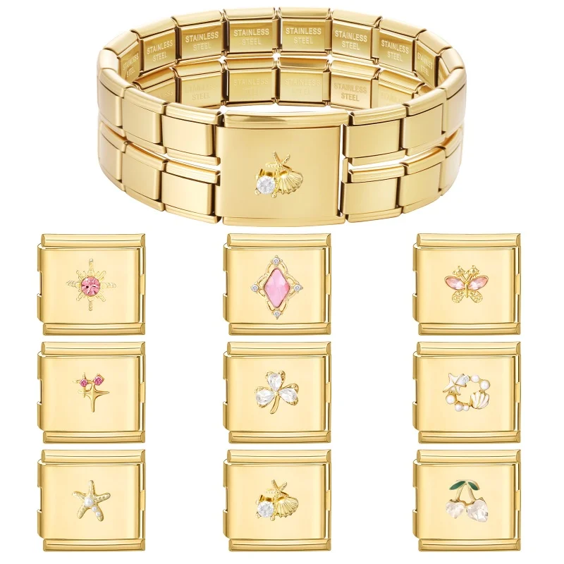 20MM Width Cute Butterfly Cherry Shell Starfish 3D Italian Charm Links Golden Beads Stainless Steel Bracelet Jewelry DIY Making
