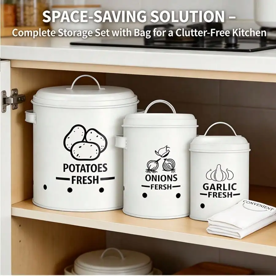Potato Onion Garlic Storage Bin Set Farmhouse Rustic Black Metal 3-Piece Vegetable Storage Containers With Lids Aeration Holes Prevents Sprouting For Kitchen Counter Pantry Organizer Housewarming Gift Christmas Decor view 5