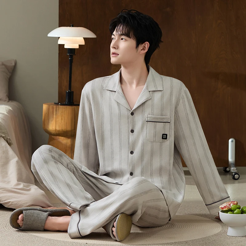 

Newest M-4XL Spring and Autumn Men Pajamas Set Men Knited Cotton Striped Pijama