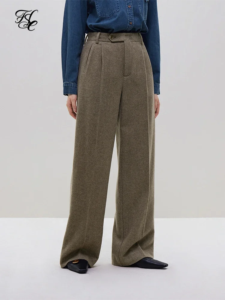 FSLE Commuting 52.3% Wool Straight Casual Pants for Women Winter 2023 Newly High Waist Wide-leg Thick Long Trousers Female