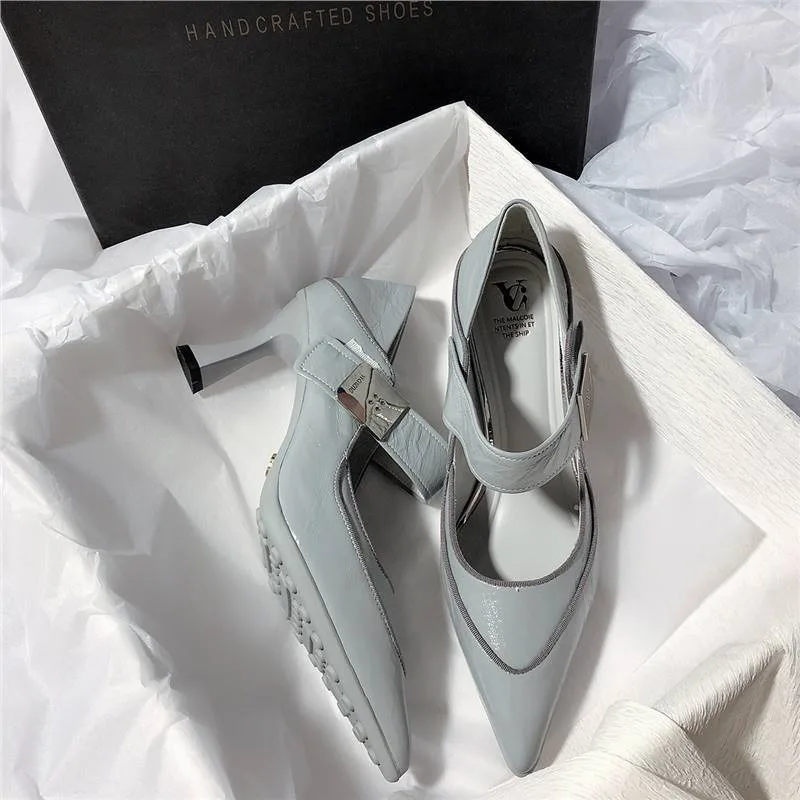 

Summer Women's Sandals Shallow Mouth Metal Buckle Fashion Pointed High Heels Trend Womans Soft Leather High Heel Sandalias Mujer