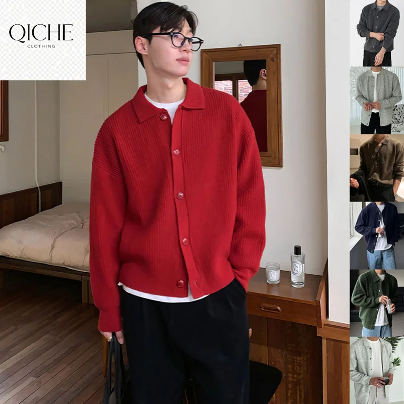QICHE New Autumn Winter Men Polo Collar Knitted Cardigan Long Sleeve Lapel Sweater Casual Outerwear