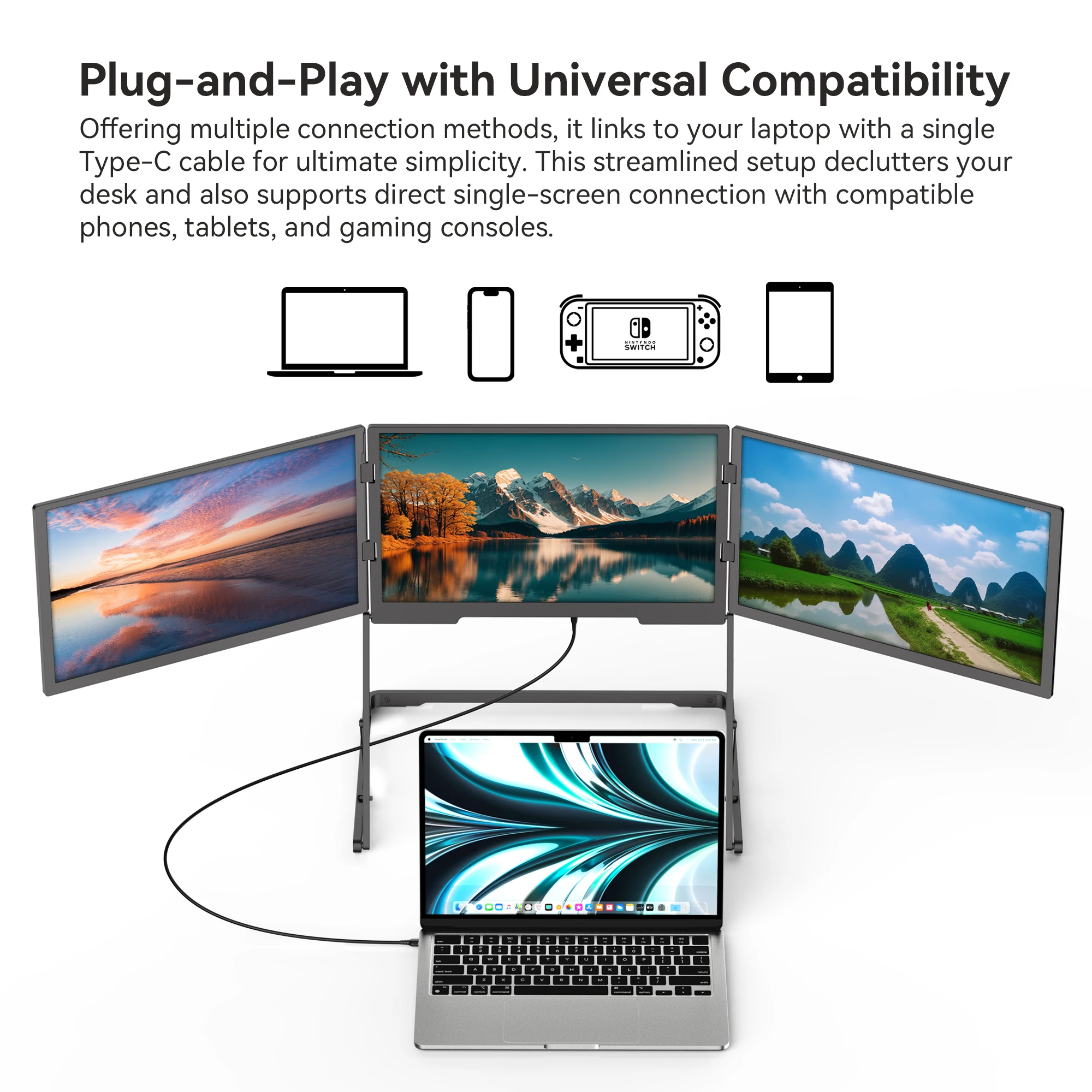 Laptop Stand Portable - ODMトリプルスクリーンIPSモニター2026新型18.5インチC型ノートパソコンワンケーブル接続ポータブルビジネス用フルHD調整可能スタンドTriCreate