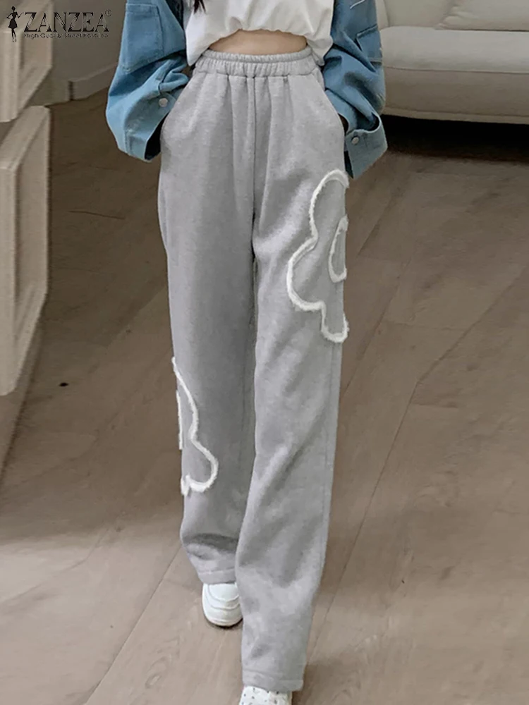 

ZANZEA Women Sports Pants Holiday Floral Splice Knitted Trouser Casual Elastic Waisted Long Pantalon Korean Pockets Straigt Pant