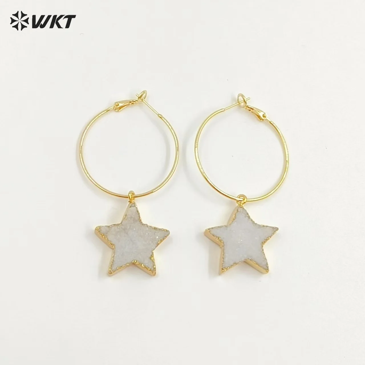 WT-E739 Lovely Star Design Yellow Brass Round Shape Druzy Quartz Stone Earring For Girls Adorable Dressing Decorative