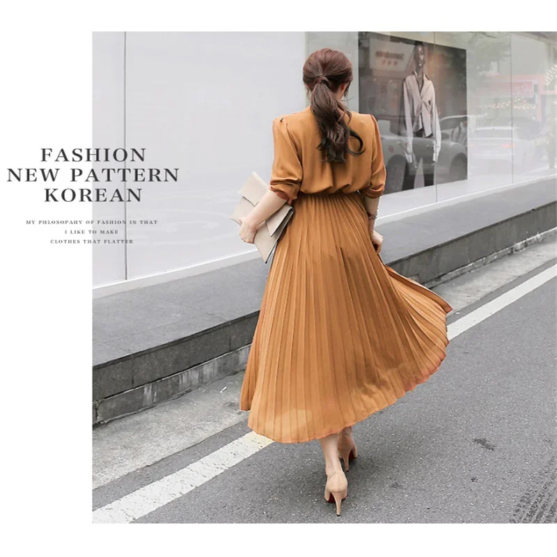 2022 Spring New Style Waist Slimming Ladies Temperament  Skirt Chiffon Long-Sleeved Pleated Dress