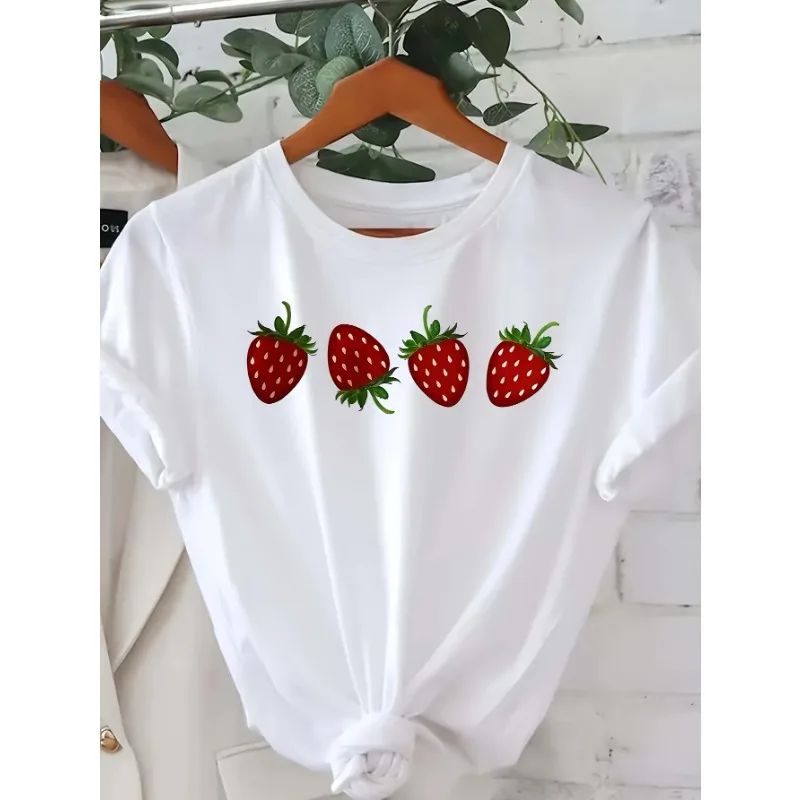 

Women's Strawberry Graphic Tee - Casual Crew Neck Short Sleeve Top for Spring & Summer Print T-shirt