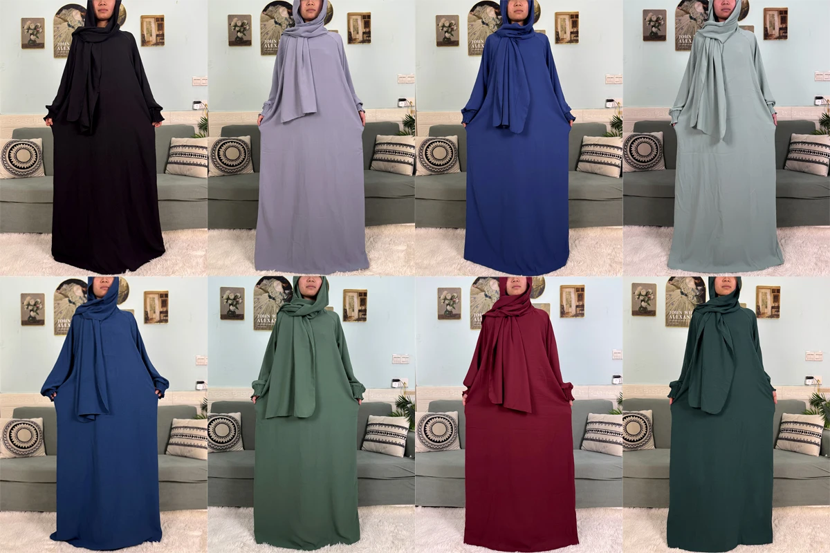 عباية إسلامية رمضان 2025 للنساء من القطن الخالص فضفاضة للصلاة رداء نسائي أصفاد مرنة فستان أفريقي مع وشاح حجاب متصل
