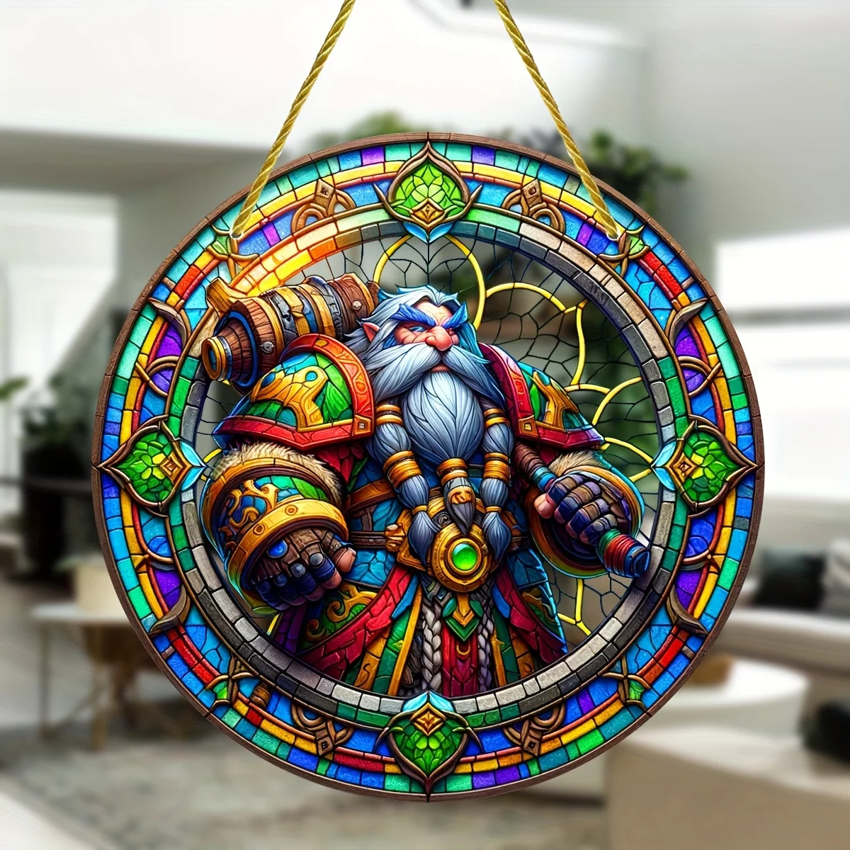 Warcraft Dwarf Stained Glass-Style Acrylic Window Hanging-Round Light Catcher for Home,Garden&Porch Decor-Perfect Gift for Gamer