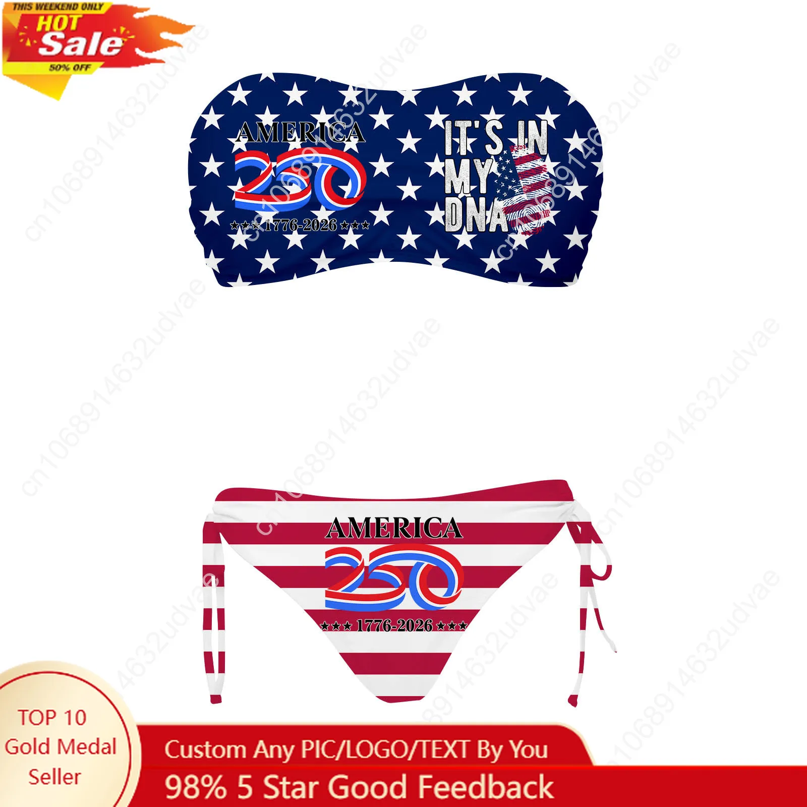 

America 250th Anniversary 1776-2026 Swimsuit Womens Drawstring Two Piece Set Bathing Suit Swimwear Sexy Bikini Custom Beachwear