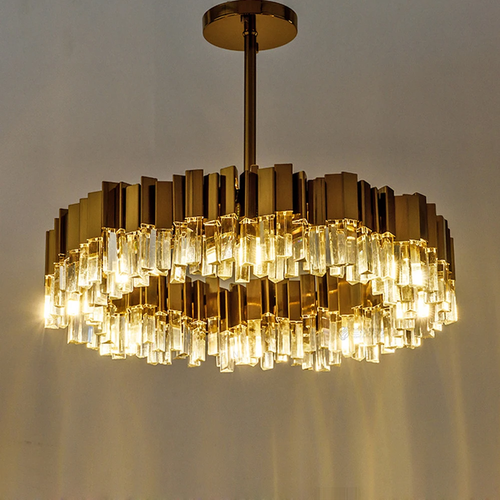 Led Postmodernen Goldene Edelstahl Kristall Runde Designer Kronleuchter Beleuchtung Lustre Suspension Leuchte Lampen Für Foyer