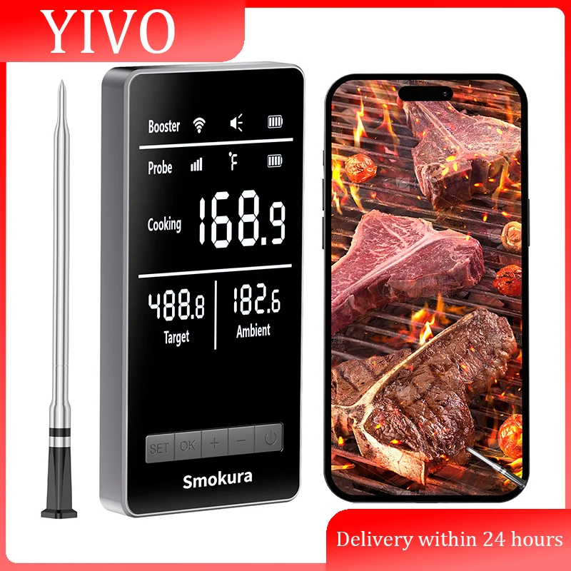 

WiFi Sub-1g Wireless Meat Thermometer IP67 Waterproof Probes with LCD Screen Booster Rechargeable for Grilling Smoker BBQ Oven