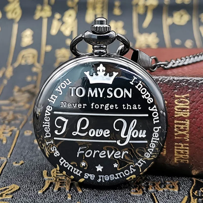 Popular Engraved Words To My Son I LOVE YOU Quartz Pocket Watch Retro Gray Cover Souvenir Birthday Gifts for Son Art Collection