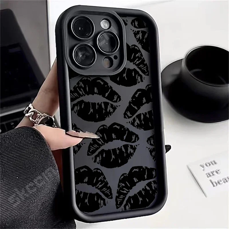 Black Lips Kiss Print Soft Silicone Phone Case For iPhone 15 Pro Max 14 13 12 11 Pro Max 7 8 14 15 Plus X XS XR Shockproof Cover