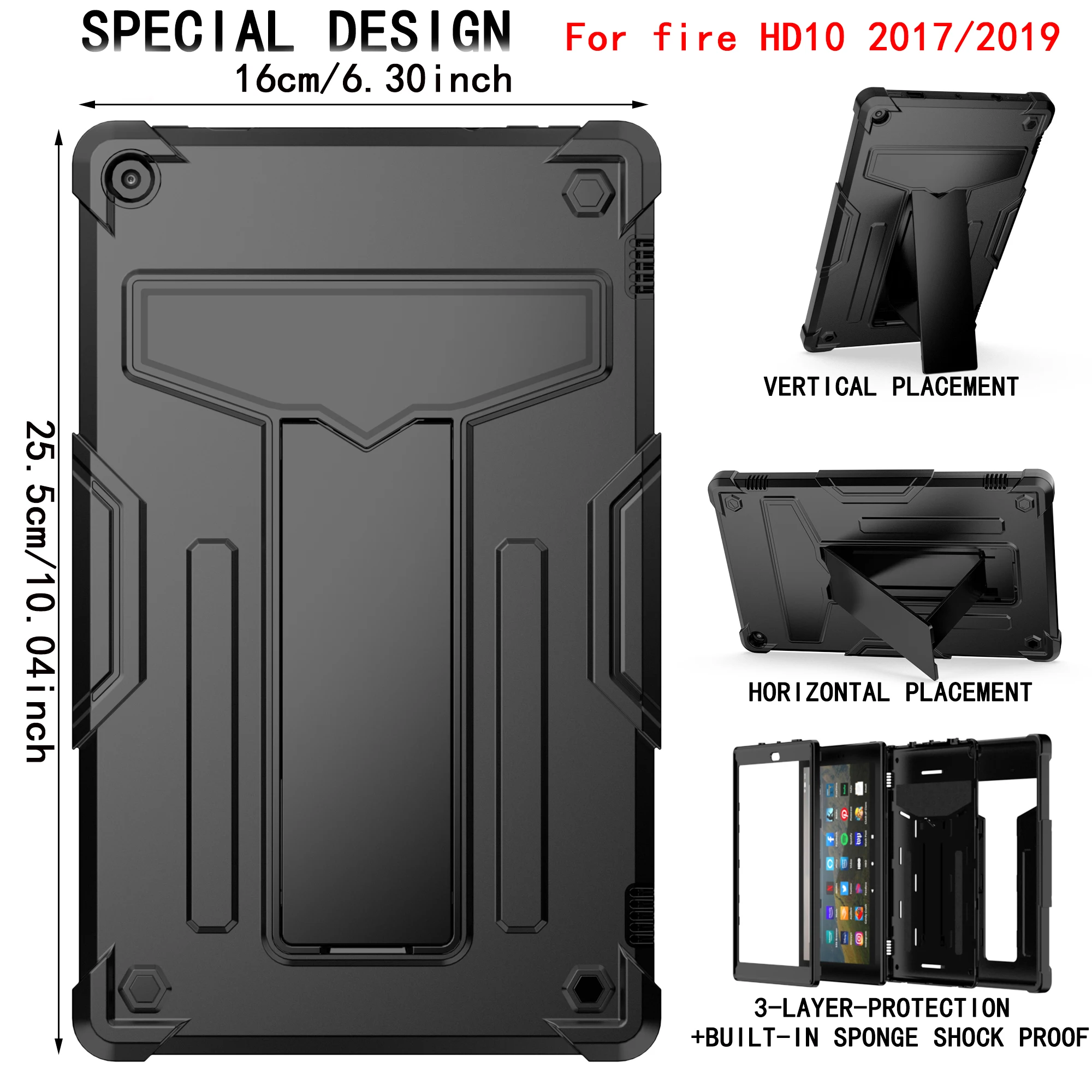 Tablet case For fire HD 10 2017/2019 silicone horizontal/vertical 3-layer-protection shatter-resistant Shockproof