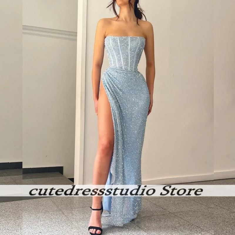 

Charming Light Blue Beaded Evening Dresses Long Strapless High Split Mermaid Wedding Party Dress Prom Gowns Arabic Customized