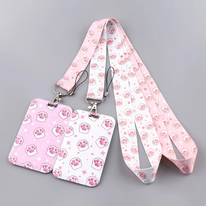 White Pink Color Kitten Paw Worker ID Card Holder Neck Lanyard Kawaii Student ID Bus Card Cover Case Student/office Supplies