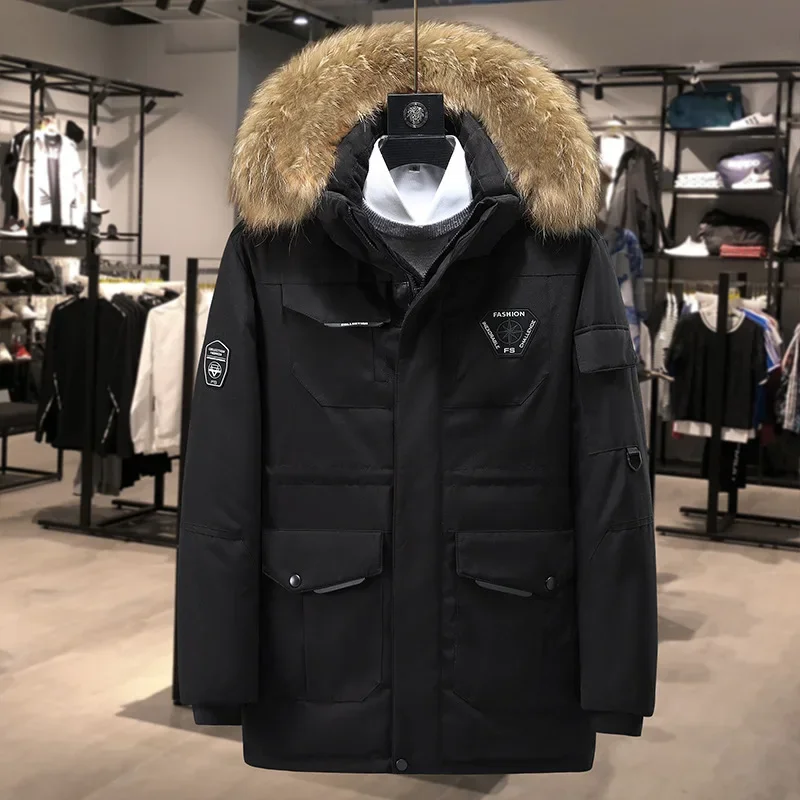 Parka de invierno para hombre, abrigo grueso de longitud media con cuello de piel Real grande, 90% plumón de pato blanco, calidez a 30 °C