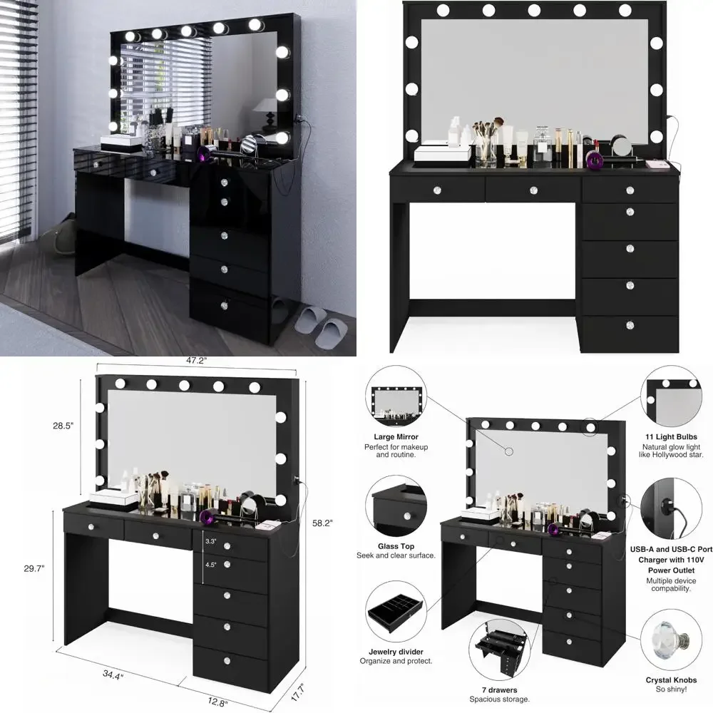 

Бестселлер: Туалетный столик с подсветкой, закаленным стеклом, 7 выдвижными ящиками с плавным закрыванием, USB-портами для зарядки, розеткой и хрустальными элементами.