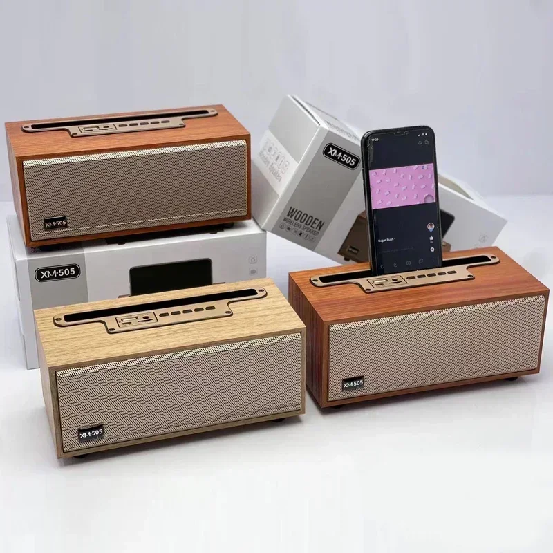 Portable FM Radio Dropship Wireless Subwoofer Remote Sound System mobile phone holder Multifunction Wooden Bluetooth Speaker TWS