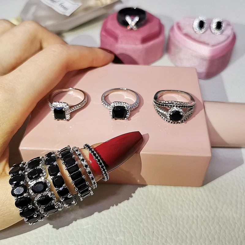 2023 New Luxury Fashion Real silver color bride Black Engagement Wedding Ring Set Band Eternity for Women Men Gift Jewelry Z12