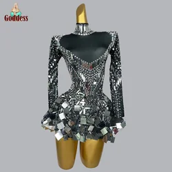 Women's Birthday Party Celebrate Silver Sparkly Mirror Outfit Sparkly Sexy Short Dress Prom Party Dress Singer Stage Costume