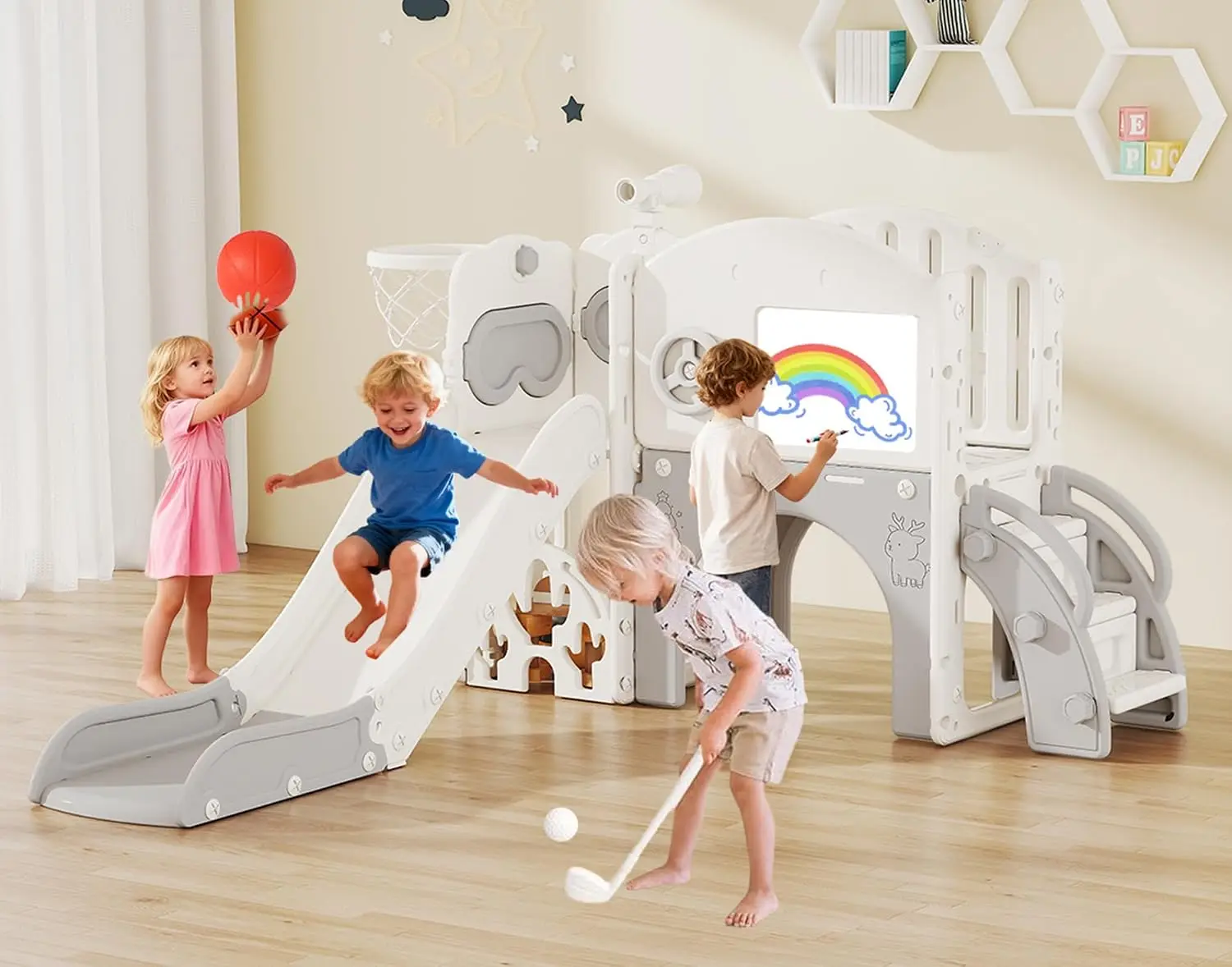 10 in 1 Toddler Slide Playset Indoor & Outdoor Playground for Kids 1-3, with Golf Set, Basketball Hoop, Climbing Frame