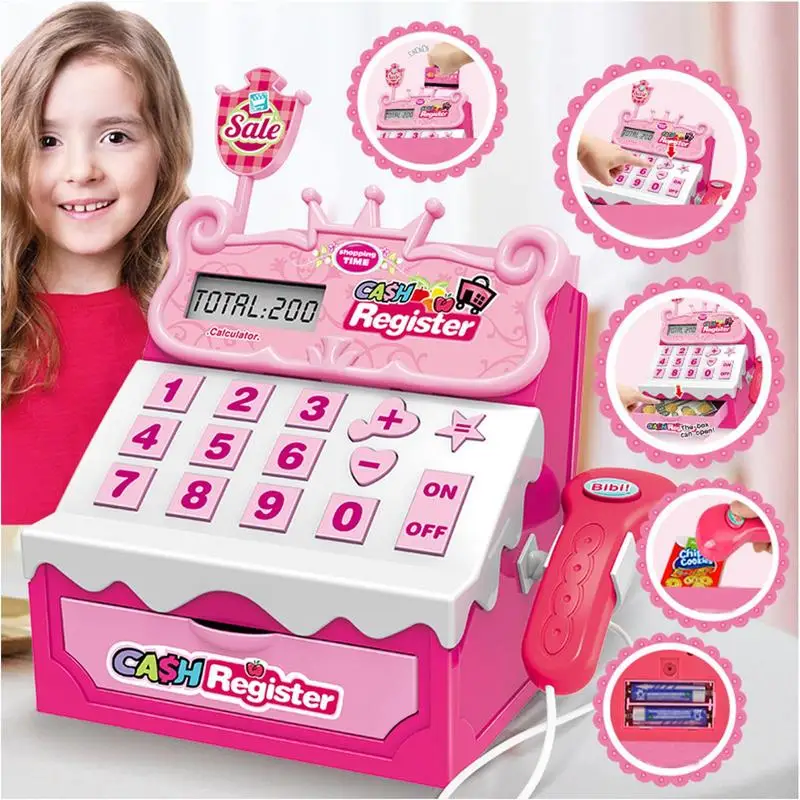 Cash Register Toy Children's Cash Register Simulation Cash Register With Scanner Fake Dollar Bills Toy Kids Grocery Store