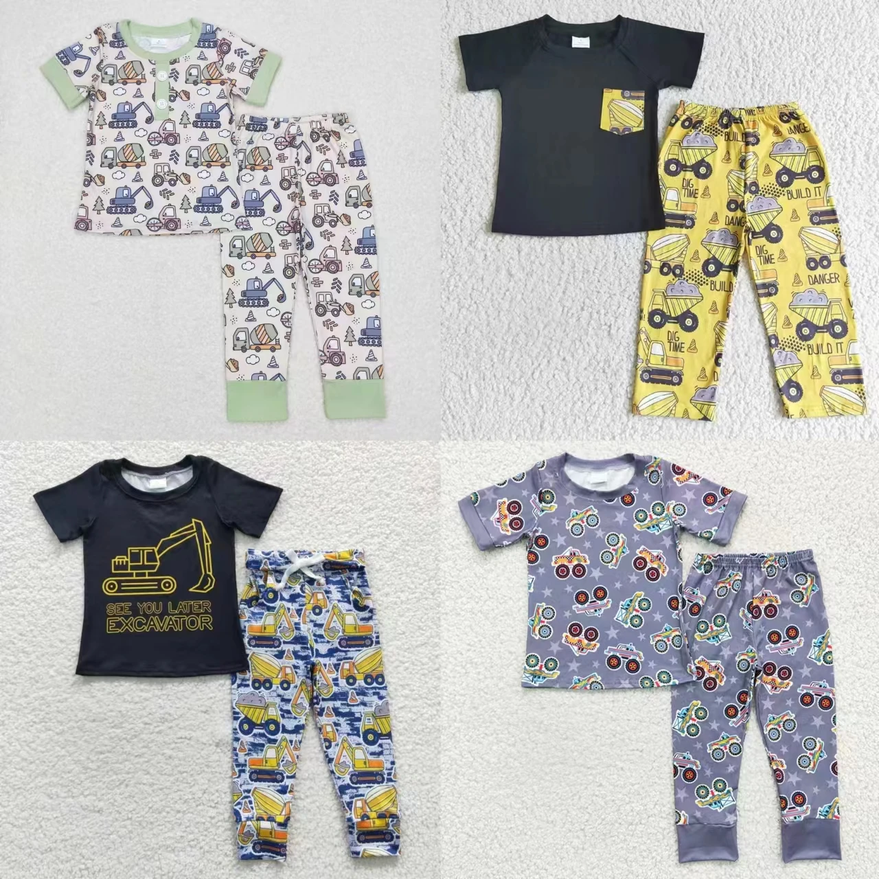 

Wholesale Baby Boy Construction Outfit Nightwear Toddler Short Sleeves Shirt Kids Tee Pants Infant Children Trouser Pajamas Set