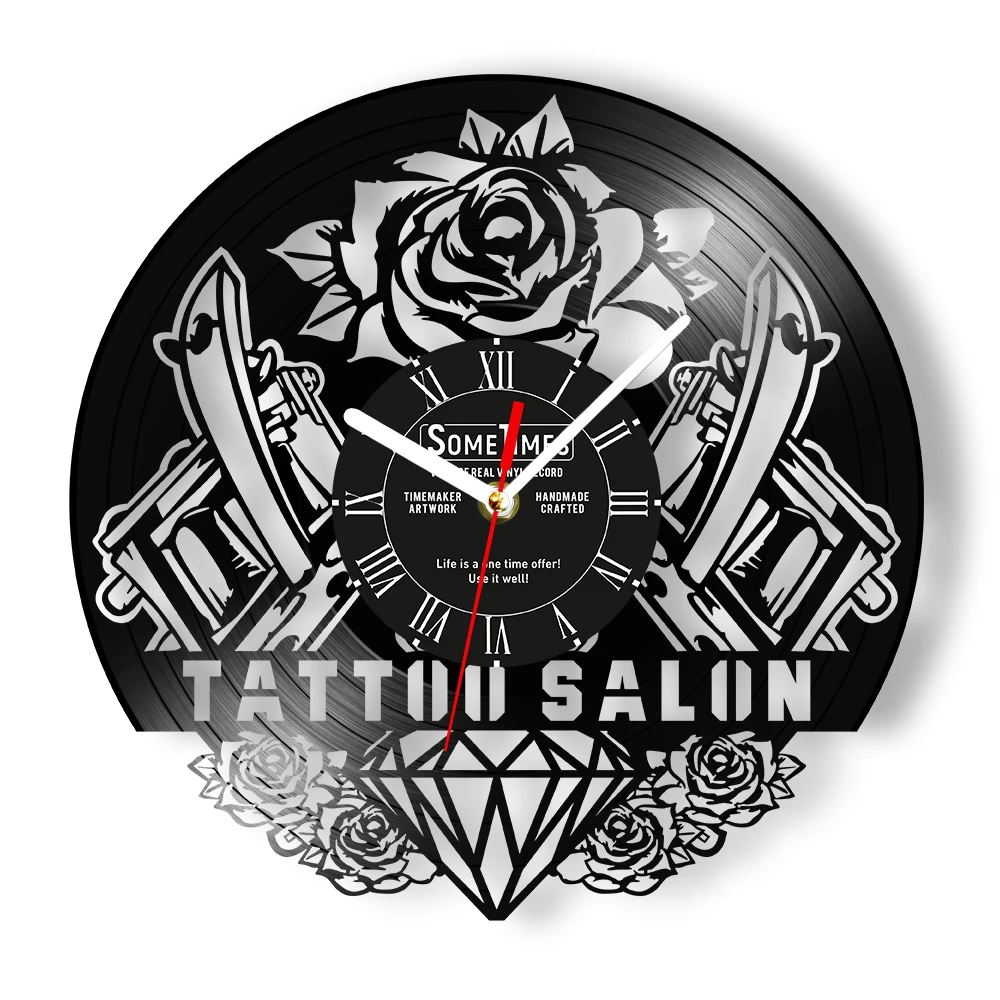 Diamond Rose Old School Custom Tattoo Salon Laser Cut Longplay Wall Clock Personalized Tattooist Name Vinyl Record Wall Clock