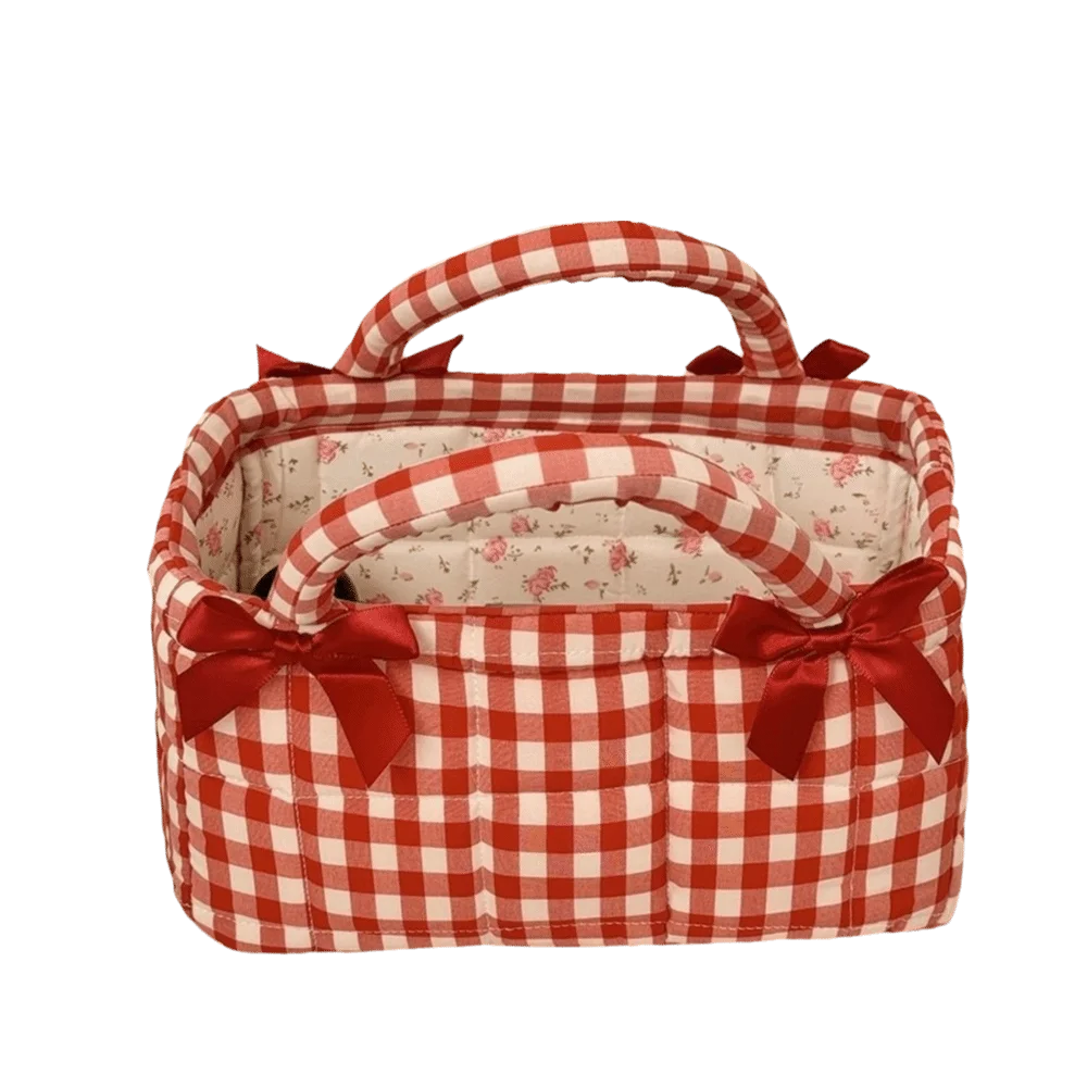 Cute Quilted Craft Lunch Bag Plaid Design Bow Decor Storage Basket Small Size Two Colors Optional Cosmetic Storage Bin Daily
