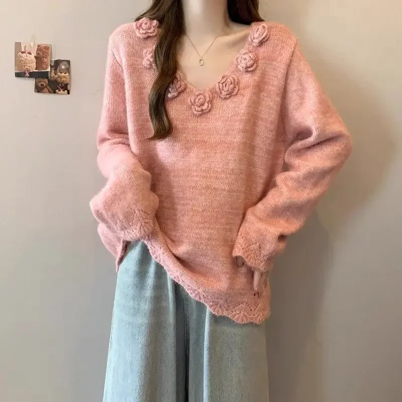 

Вязаный свитер с объемным цветком, свитер с v-образным вырезом, женский топ средней длины в западном стиле