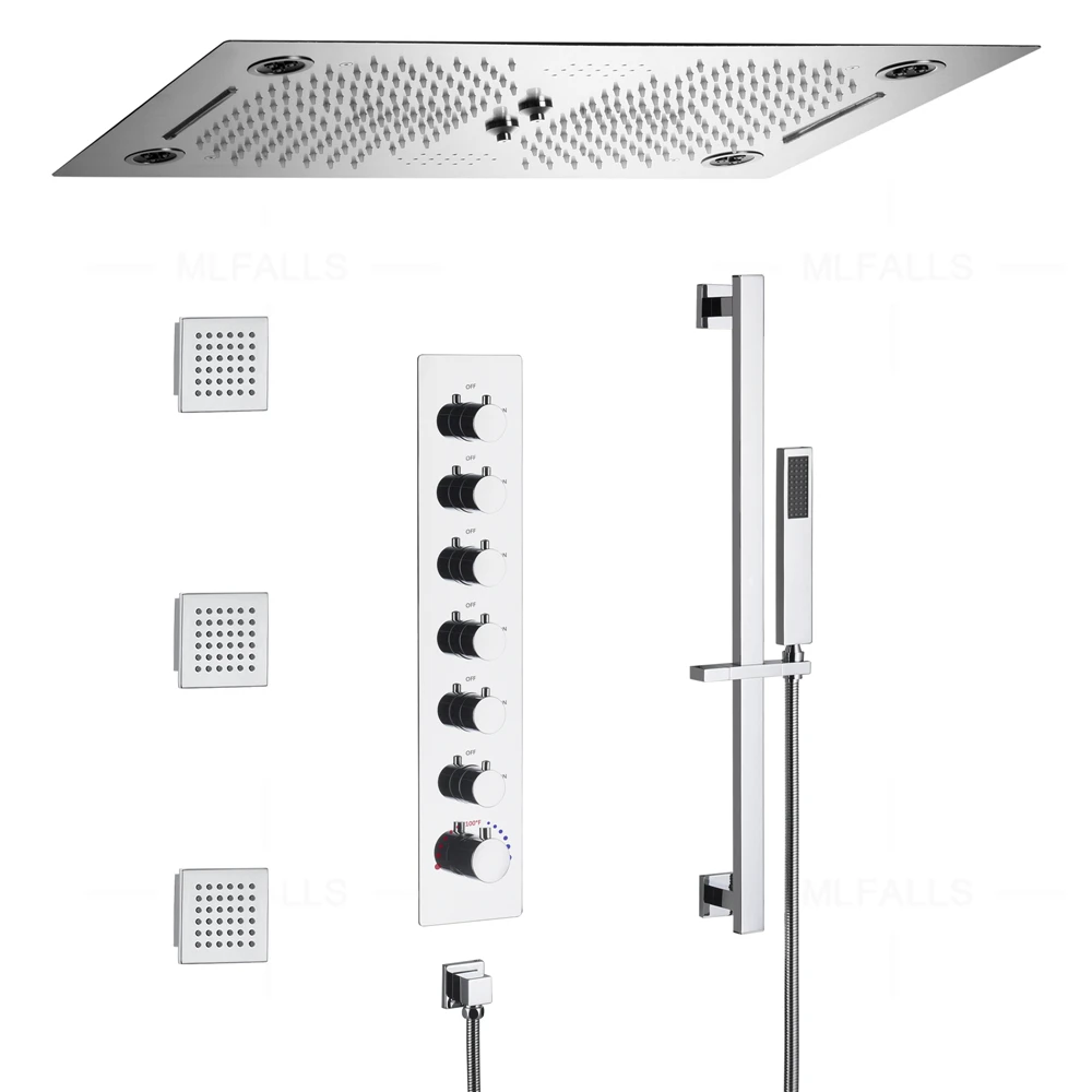 NEW 6 Functions Luxury Bathroom Shower Faucet Chrome 64 Color Wall Mounted Thermostatic Shower Set With Music