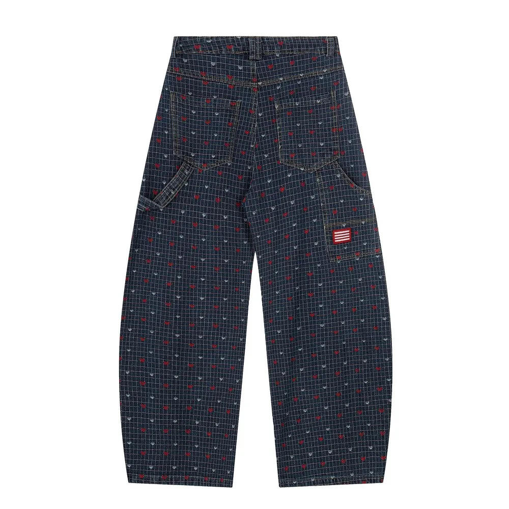 Pantalones vaqueros góticos de gran tamaño con estampado Grunge desgastado y corazones a cuadros para mujer, ropa de calle para invierno y primavera