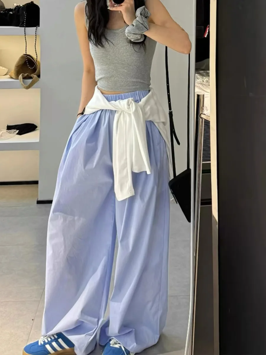 

Qui Dry Wa Cotton Loose Wide Leg Casual Pants Women's Blue Thin Summer Trousers Comfortable Breathable High Waist Long Pants