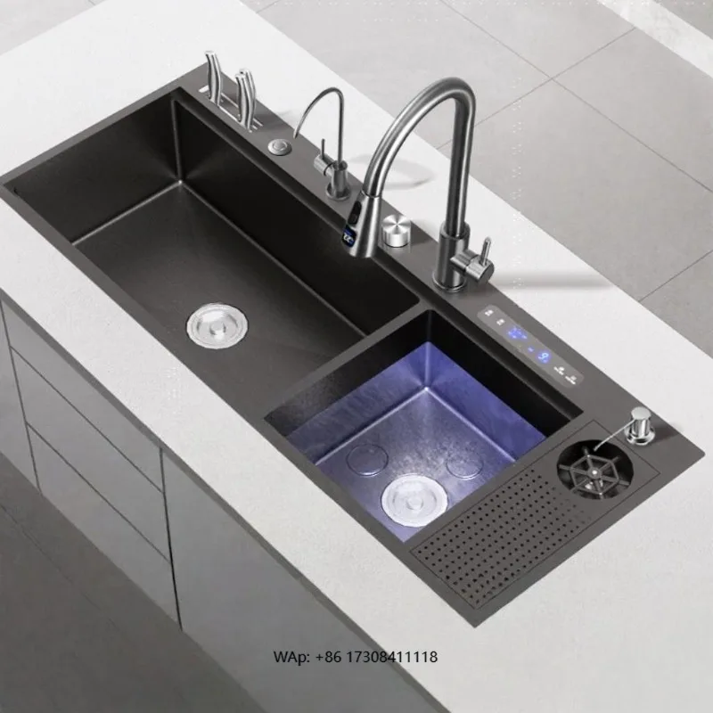 High Quality 3-in-1 Portable Dishwasher Ultrasonic Technology 304 Stainless Steel Double Bowl Kitchen Sink Brain Power