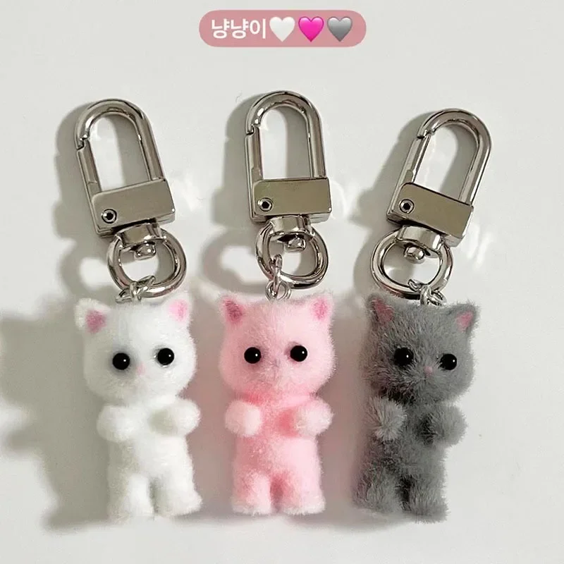 Cute 3D Flocking Kitten Keychain Cat Couple Mobile Phone Pendant Car Keyring Earphone Backpack Charms Bag Decor Key Pendant