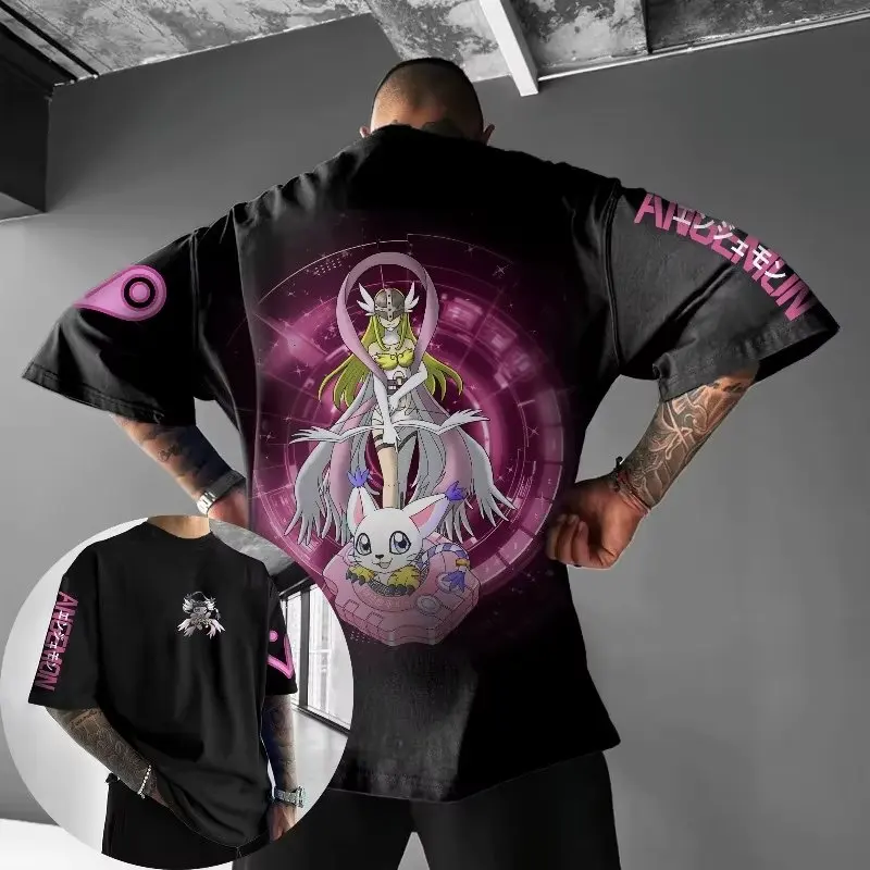 Oversized Digimon Anime Printed Men T Shirt Summer Cotton Short Sleeve Streetwear Casual Top Japanese Cartoon Graphic Tee Y2k