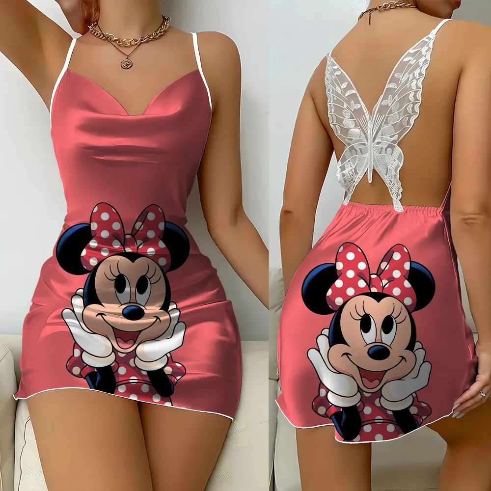 Vendita calda estate cartone animato Mickey Minnie donne stampa moda stampa backless pizzo farfalla camicia da notte Disney lattuga bordo