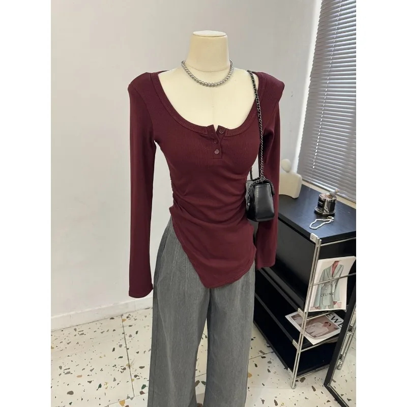 Early Autumn New Slit Long Sleeve Slim Threaded Cotton T-Shirt Slim Pure Lust Atmosphere Top Women's Clothing